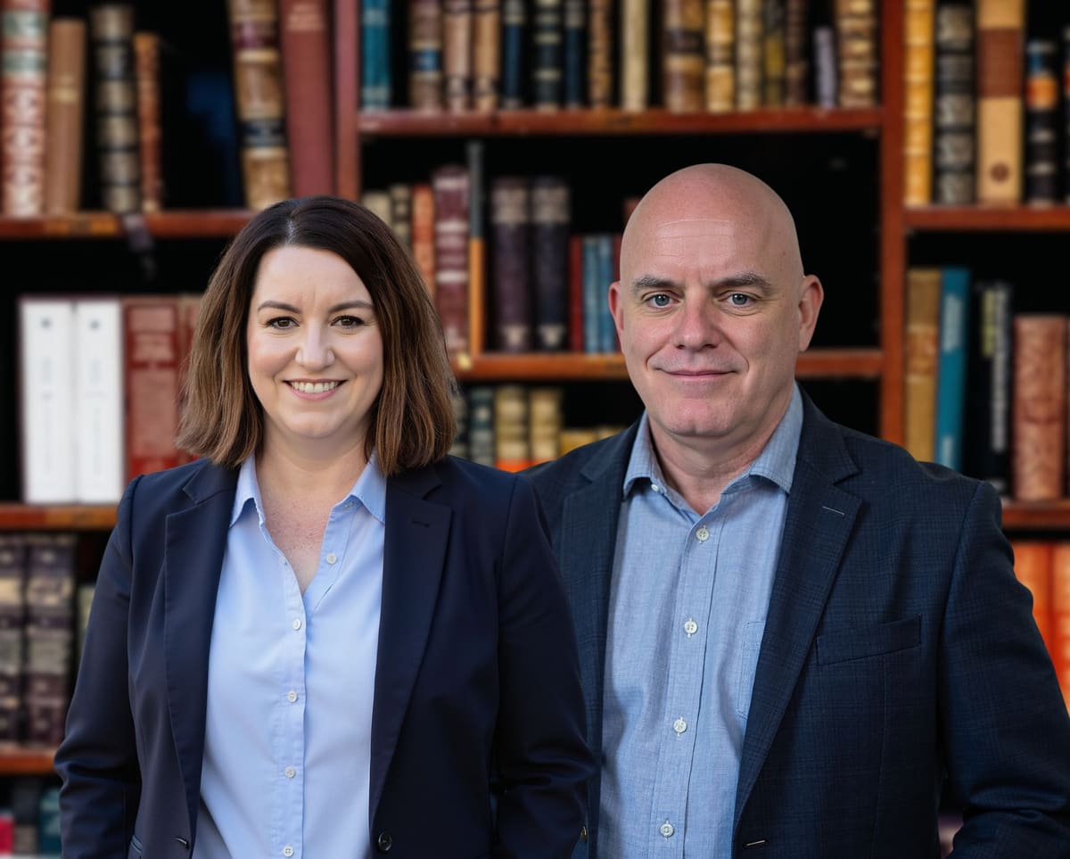 Matt DeWild and Molly Hinke-DeWild standing together in front of a bookcase
