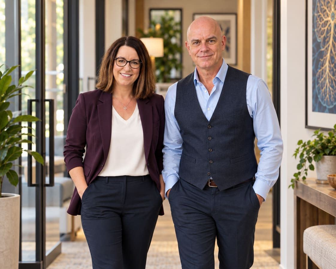 Matt DeWild and Molly Hinke-DeWild walking together through their office