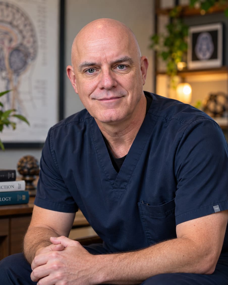 Matt DeWild, RN, in navy scrubs