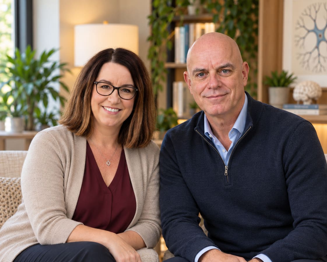 Molly Hinke-DeWild and Matt DeWild sitting side by side in a bright office
