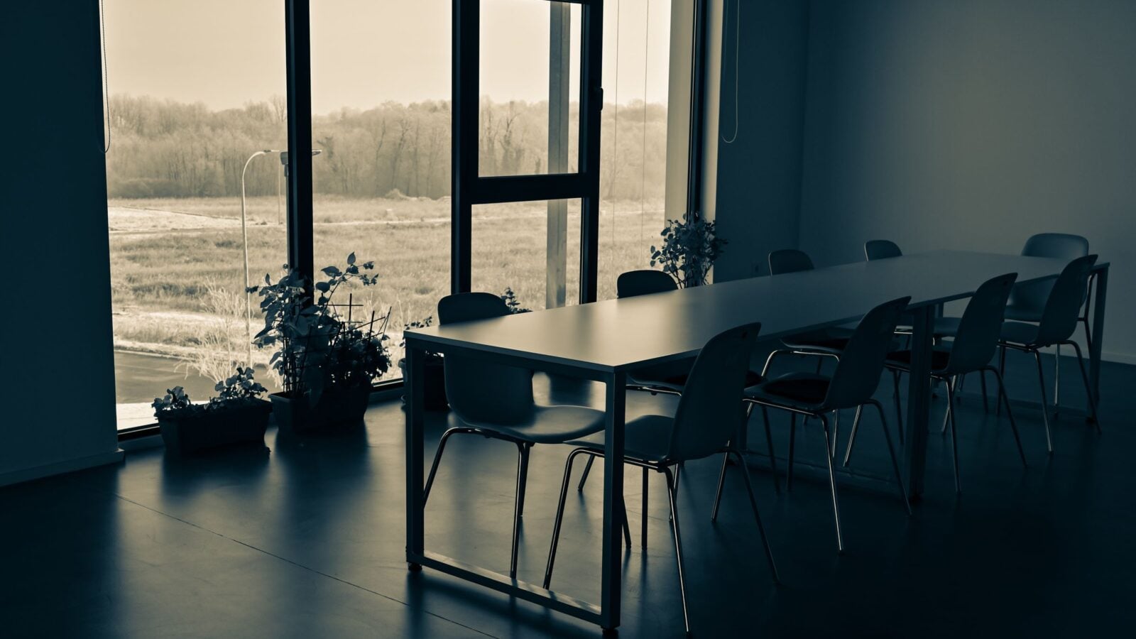 An empty office meeting room with tall windows in soft evening light