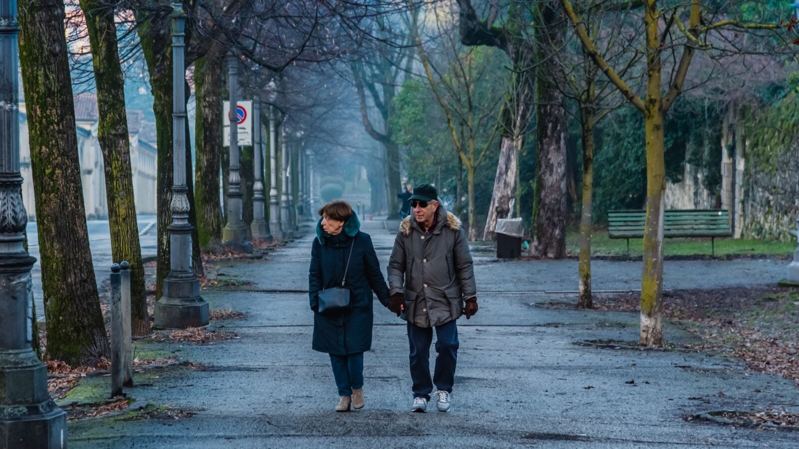 An older couple walking hand in hand down a tree lined path