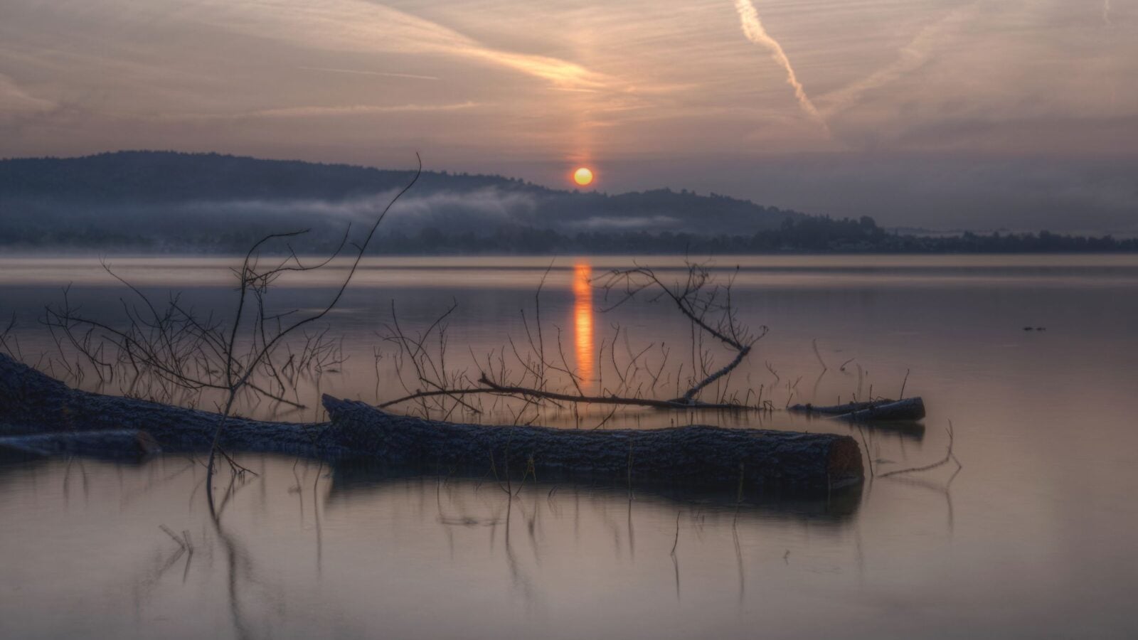 A calm lake at sunrise, with bare branches reflected in the still water